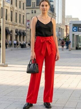 Double Crazy High-Waisted Red Wide Leg Pants with Removable Belt - Size L